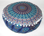 INDIAN CRAFT CASTLE ICC Mandala Barmeri Large Floor Pillow Cover Cushion Meditation Seating Ottoman Throw Cover Hippie Decorative Zipped Bohemian Pouf Ottoman Cases Blue Ombre 24" Round