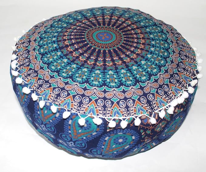 INDIAN CRAFT CASTLE ICC Mandala Barmeri Large Floor Pillow Cover Cushion Meditation Seating Ottoman Throw Cover Hippie Decorative Zipped Bohemian Pouf Ottoman Cases Blue Peacock 18" Round