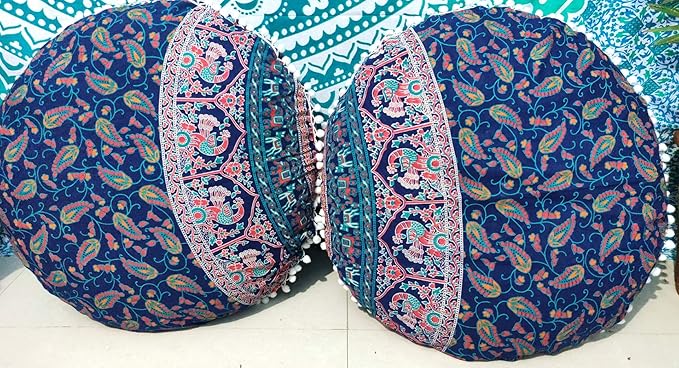CRAFT KALA Mandala Floor Pillow Cushion Cover Seating Throw Cover Hippie Decorative Bohemian Ottoman Poufs Pom Pillow Cases Indian Cotton Living Room Home Décor 24" Round Set of 2, Elephant Moor Joda