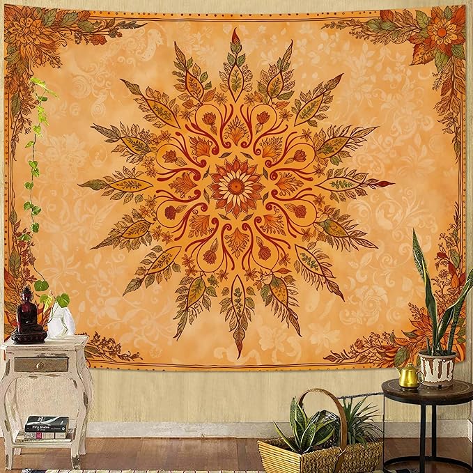 Accnicc Boho Mandala Floral Tapestry Vintage Bohemian Indian Tapestries for Bedroom Aesthetic Retro Orange Yellow Flower Large Tapestry Wall Hanging for Dorm Living Room Decor 80 x 60 Inch