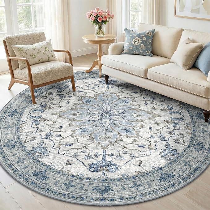 Area Rugs 5ft Washable Non-Slip, Floral Vintage Distress Print Pattern Medallion Carpet for Living Room Bedroom Dining Room, Light Blue Navy Beige Gray White