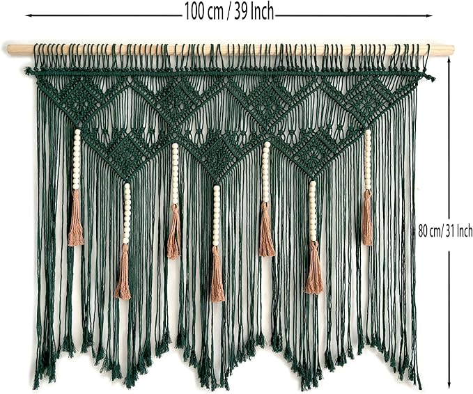Youngeast Large Macrame Wall Hanging Boho Woven Tapestry Bohemian Macrame Wall Decor Handmade Tassel Tapestry Home Decoration for Bedroom Living Room 39"X31" (Wood Dowels Not Included) (Dark Green)