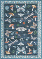 Washable Rug 5x7 Area Rugs for Living Room, Mushroom Insect Rug for Bedroom, 5x7 Rug Non Slip Throw Rugs with Rubber Back, Low Pile Stain Resistant Modern Carpet for Dining Room Dorm,Blue