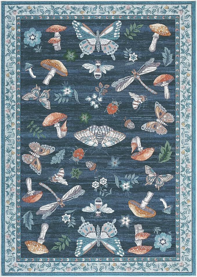 Washable Rug 5x7 Area Rugs for Living Room, Mushroom Insect Rug for Bedroom, 5x7 Rug Non Slip Throw Rugs with Rubber Back, Low Pile Stain Resistant Modern Carpet for Dining Room Dorm,Blue