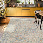 Boho Beige Blue Living Room Rug 6x8 - Vintage Retro Floral Paste Neutral, Washable Low Pile Non-Slip Large Area Rugs for Dining Under Table, Bedroom