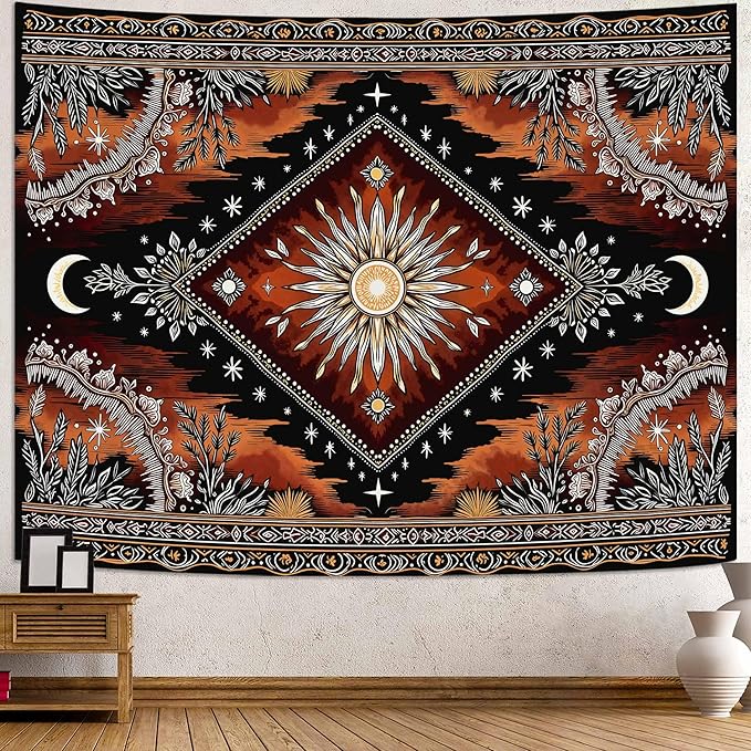 Accnicc Hippie Sun and Moon Tapestry Boho Mandala Floral Wall Tapestry for Bedroom Aesthetic Vintage Plant Celestial Dark Brown Small Tapestries Wall Hanging for Dorm Living Room Decor 60 x 44 Inch
