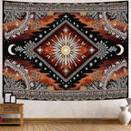 Accnicc Hippie Sun and Moon Tapestry Boho Mandala Floral Wall Tapestry for Bedroom Aesthetic Vintage Plant Celestial Dark Brown Large Tapestries Wall Hanging for Dorm Living Room Decor 80 x 60 Inch