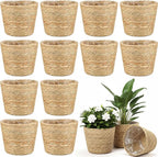 12 Pcs Seagrass Plant Basket with Plastic Liners Woven Stylish Planter Baskets Bulk Indoor Outdoor Plants Woven Wicker Baskets for Flower Pots Cover and Room Decor Small (Small,Rustic)