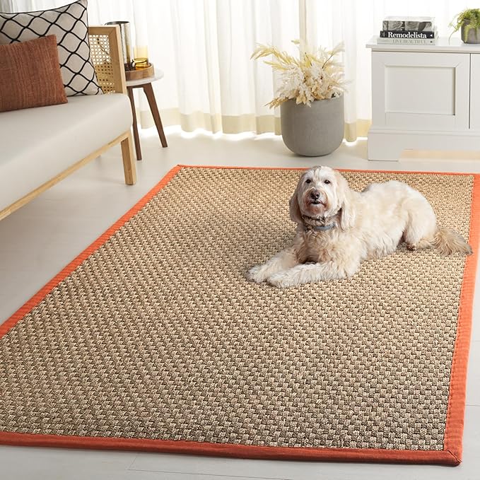 SAFAVIEH Area Rug 5x8 - Natural Fiber Collection - Natural & Rust, Seagrass, Basketweave Pattern with Border (NF114Y)