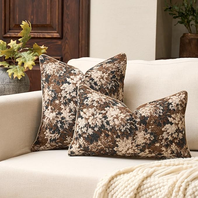 Yangest Neutral Floral Pillow Cover 24 x 24 Inches, Vintage Chenille Square Throw Pillow Cover Soft Decorative Farmhouse Accent Couch Pillow Cover for Living Room Bedroom, Coffee Brown