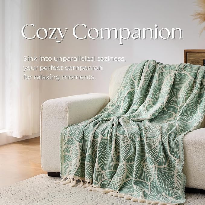 DOWN HOME Chenille Cotton Throw Blanket for Couch, Lightweight Boho Blanket for Bed Sofa Chair Living Room Outdoor Soft Woven Decorative Blanket with Tassel Gift Green Leaves 55"x60"