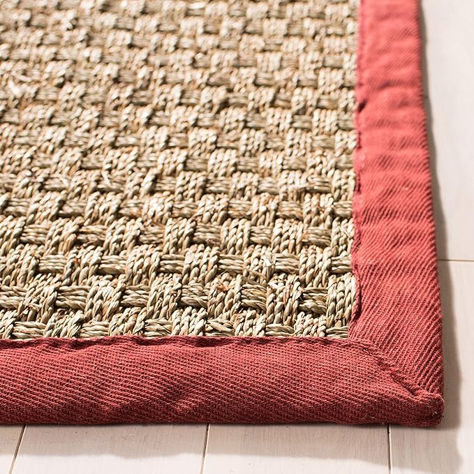 SAFAVIEH Area Rug 6' Square - Natural Fiber Collection - Natural & Red, Seagrass, Basketweave Pattern with Border (NF114D)