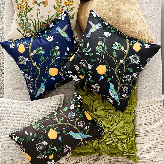 MUSSEL Navy Blue Floral Pillow Covers 12x20 Set of 2, Velvet Wild Flower Plant Throw Pillows Case, Square Farmhouse Decor Cushion Covers for Home Sofa Bed Couch