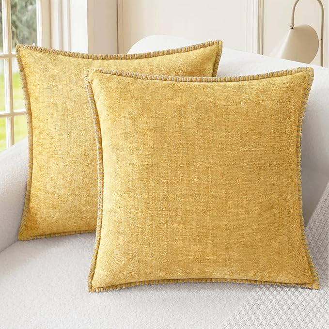 CaliTime Throw Pillow Covers Decorative 26 X 26 Inches Pack of 2 Cotton Thread Stitching Edges Solid Dyed Soft Chenille Cushion Cases for Couch Sofa Bed Living Room Farmhouse Gold