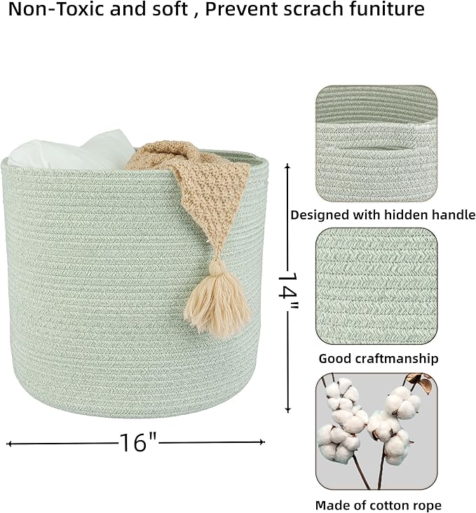 Cotton Rope Baskets For Girls Boys Kids 16”X14” Baby Laundry Basket Nursery Bin Round Woven Basket Organizer For Storage Toys Blankets Shoes Clothes light green