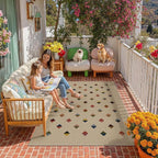 HUGEAR 4x6 Jute Outdoor Indoor Checkered Rug Washable Linen Textured Weave High Traffic Stain Resistant Non Slip Durable Carpet for Livingroom Patio Deck Balcony Courtyard (Rainbow, 4' x 6')