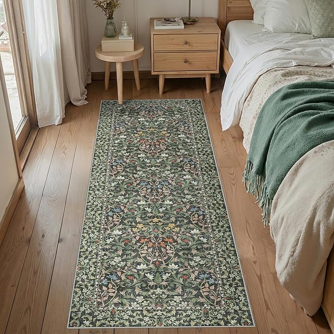 GENIMO Washable Non-Slip Runner Rug 2x6, Vintage Boho Hallway Carpet for Entryway Kitchen Bedroom, Indoor Floor Mat, Emerald Green