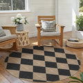 Checkered 4 ft Easy Jute Round Rug, Washable Small Rugs for Entryway Patio, Farmhouse Textured Diamond Non Slip Non Shedding Indoor Outdoor Circle Carpet for Kitchen Porch
