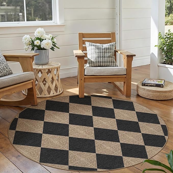 Checkered 4 ft Easy Jute Round Rug, Washable Small Rugs for Entryway Patio, Farmhouse Textured Diamond Non Slip Non Shedding Indoor Outdoor Circle Carpet for Kitchen Porch