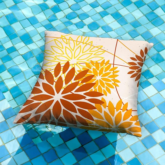 Brown Yellow Fall Pillow Cover 20X20 Inch Set of 2 Outdoor Waterproof Floral Brown Decorative Pillowcase Decor for Couch Patio Funiture Garden Print Polyester Cushion Cover 01M20
