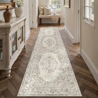 2'6"x10' Runner Rug Beige Washable Hallway Kitchen Bedroom Vintage Distressed Bathroom Non Slip Medallion Floral Carpet Indoor Retro Throw Floor Mat for Office Dining Laundry Living Room