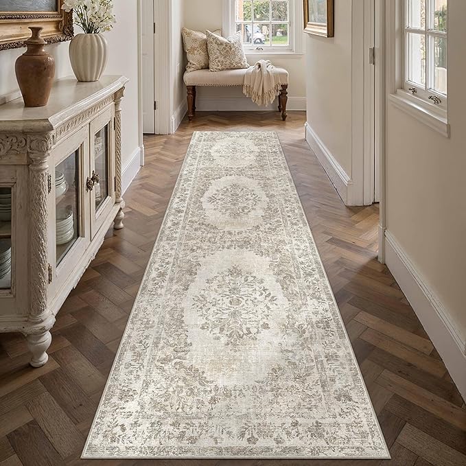 2'6"x10' Runner Rug Beige Washable Hallway Kitchen Bedroom Vintage Distressed Bathroom Non Slip Medallion Floral Carpet Indoor Retro Throw Floor Mat for Office Dining Laundry Living Room