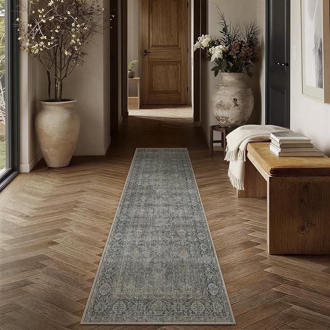 Grey Brown Runner Rug 2x8 Vintage Carpet Hallway Long Indoor Kitchen Washable Living Room Low Pile Traditional Distressed Retro Accent Throw Rug Non Slip Laundry Bathroom Office Dining Room