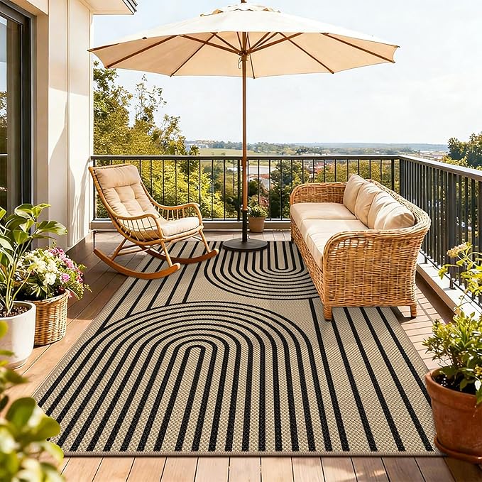Outdoor Rug 4x6, Easy Jute Rug Non-Slip Indoor Outdoor Carpet, Washable Floor Mat Modern Black Striped Area Rug for Living Room, Bedroom, Patio, Dining Room, Office Area, Black