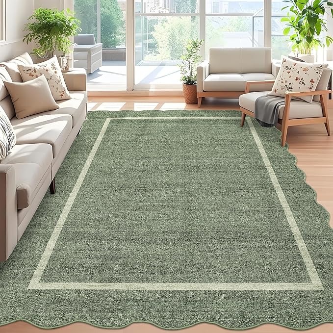 GarveeHome Scalloped Washable Rug 5x7 Area Rug for Living Room Modern Non Slip Throw Rugs Bedroom Rugs Low Pile Soft Non Shedding Stain Resistant Carpet for Dining Room Nursery 5'x7' Greyish Green