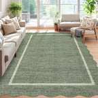 GarveeHome Scalloped Area Rug 4x6 - Washable Boho Bordered Non-Slip Entryway Rug, Neutral Farmhouse Living Room Rug Soft Throw Rugs for Entrance Hallway Bedroom Kitchen Nursery, Green