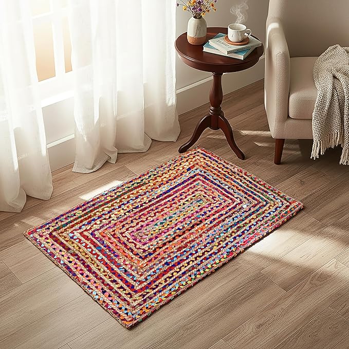 Jute Cotton Braided Rug, Multi Color - 2x3 Feet, Accent Reversible Hand Woven Doormat for Entryway, Kitchen, Living Room | Boho Rustic Floor Mat for Outdoor & Indoor Use - 24x36 Inches