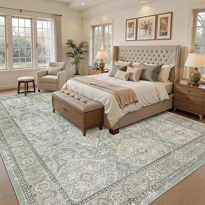 9x12 Area Rugs for Living Room, Non Slip Machine Washable Vintage Rugs, Low Pile Lightweight Large Rug for Bedroom, Dining Room, Home Office Green/Brown