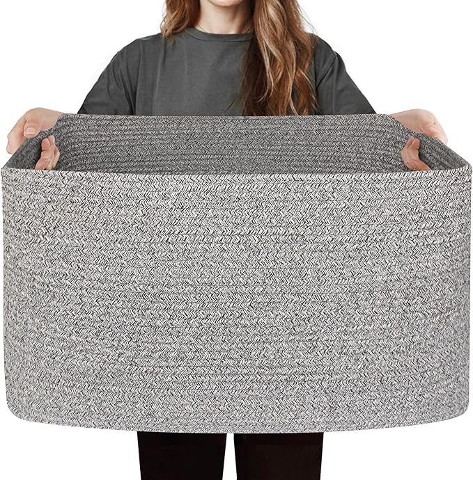 75L Large Storage Basket, 22”x17”x12” Blanket Storage for Living Room, Rectangle Woven Kids Toy Bin Box, Baby Laundry Basket, Cotton Rope Bin for Shoes Towels Stuffed Animals, Gray