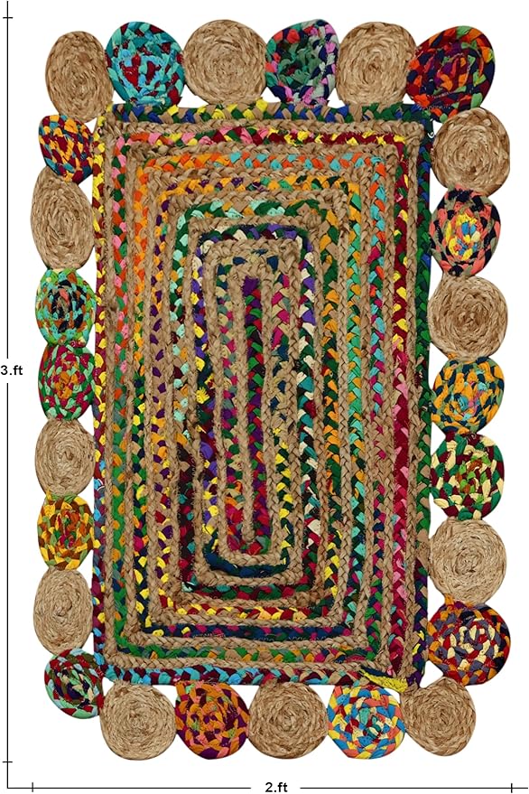 Square Area Rug - 3x3 Feet Multicolor Cape Code Chindi Cotton Jute Rug Geometric Kilim Rug Indoor Outdoor Use Carpet Flatweave Rugs for Bedroom Bedside Custom Mat Dining Table Mat