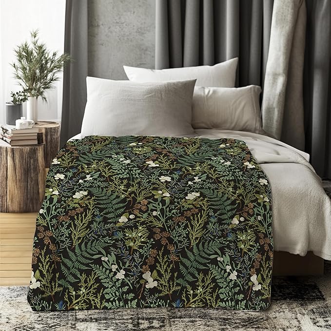 Plant Blanket, Dark Green Botanical Wildflower Plant Fern Leaves Decorative Throw Blanket for Couch Sofa Bed, Dark Green Throw Blanket for Living Room Bedroom Decor, 50x60 Inches