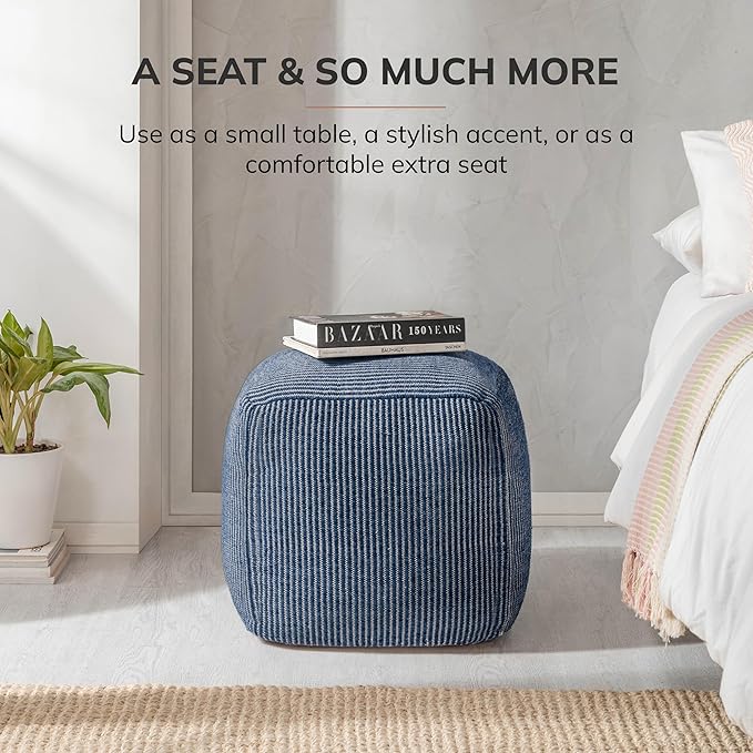 Anji Mountain Pouf Ottoman Foot Rest, Handmade Ottoman Pouf, Comfortable Foot Stool, Decorative Floor Seating for Living Room Decor, Bedroom & Home Décor Accent - Sailor Blue
