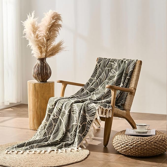 DOWN HOME Chenille Cotton Throw Blanket for Couch, Lightweight Boho Blanket for Bed Sofa Chair Living Room Outdoor Soft Woven Decorative Blanket with Tassel Gift Olive Leaves 60"x80"