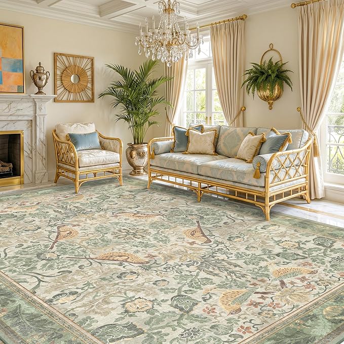 Washable Floral Bird Rugs for Living Room - Sage Green 8x10 Area Rugs for Bedroom Under Bed, Dining Room Kitchen Table Rug for Under Table, Nature Botanical Decor, Stain Resistant Non-Slip