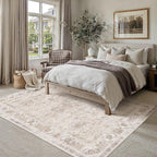 5x7 Area Rug Beige Washable Vintage Living Room Carpet Bedroom Indoor Non Slip Soft Low Pile Thin Stain Resistant Distressed Accent Throw Rug for Dining Office Nursery