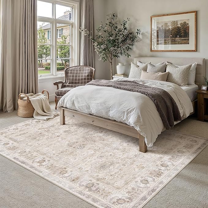 5x7 Area Rug Beige Washable Vintage Living Room Carpet Bedroom Indoor Non Slip Soft Low Pile Thin Stain Resistant Distressed Accent Throw Rug for Dining Office Nursery