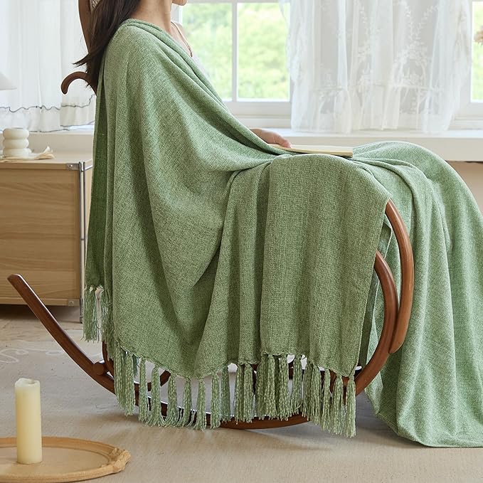 Simple&Opulence Soft Chenille Throw Blanket 50'' x 60'' - Cozy Fluffy Blanket with Fringe Tassel, Farmhouse Boho Blankets for Couch Bed Office Chair Gift Home Decor All Season Use,Sage Green