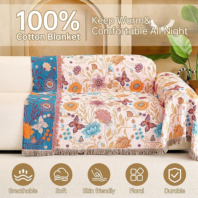 Boho Throw Blanket, 100% Organic Cotton Breathable Ultra Soft 50" x 60" Bed Quilt Throw - All Season Floral Rustic Farmhouse Decor Luxury Reversible Blanket for Sofa Couch Chair and Gift