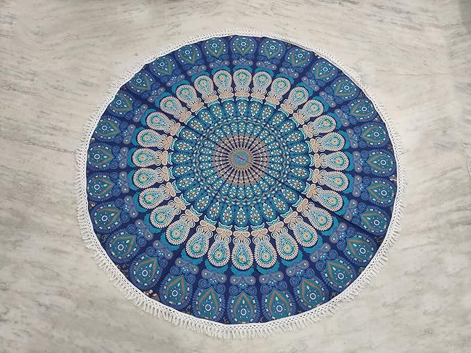 Round Beach Tapestry Turquoise Mandala Throw/Boho Hippie Beach Blanket Roundie/Indian Cotton Bohemian Large Round Table Cloth-Home Decor/Yoga Mat Meditation Picnic Rug (42", Blue)