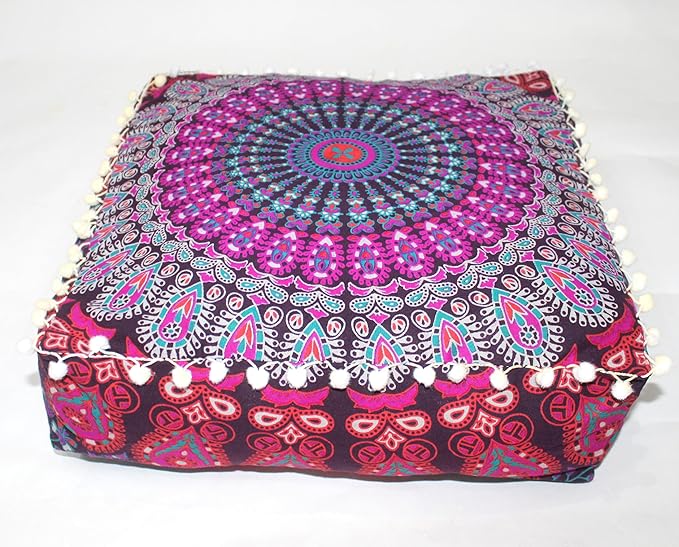 CRAFT KALA Pink Peacock Large Hippie Mandala Meditation Floor Ottoman Pillow Cushion Pouf Cover Square Poufs Bohemian Circle Floor Cushion Case Outdoor Fireplace Living Room Decor Cover 16" Square
