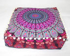 CRAFT KALA Pink Peacock Large Hippie Mandala Meditation Floor Ottoman Pillow Cushion Pouf Cover Square Poufs Bohemian Circle Floor Cushion Case Outdoor Fireplace Living Room Decor Cover 18" Square