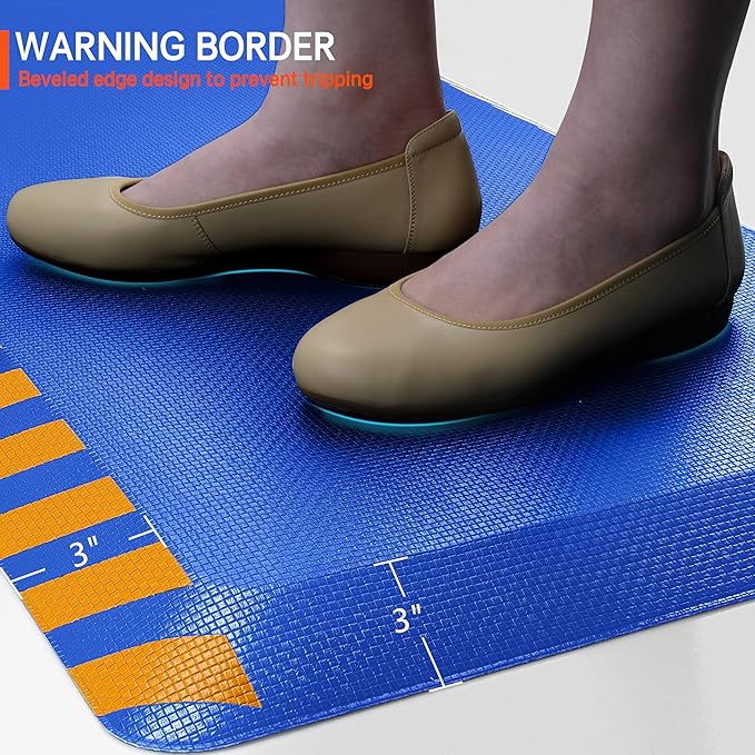 FEATOL Anti Fatigue Mat Industrial, Ergonomic Standing Floor Mat for Work for Stand, Safety Support for Leg & Back Pain(Blue with Yellow Border, 20" x 32", 1PC)