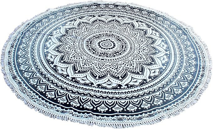 Round Beach Tapestry Turquoise Mandala Throw/Boho Hippie Beach Blanket Roundie/Indian Cotton Bohemian Large Round Table Cloth-Home Decor/Yoga Mat Meditation Picnic Rug (70", Grey)