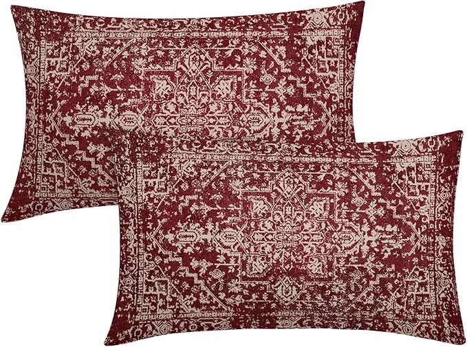 Burgundy Red Boho Lumbar Pillow Covers 12x20 Inch Beige Tan Gray Maroon Pillow Cases for Couch Farmhouse Bohemian Carpet Pattern Ethnic Rectangle Pillow Cases for Bed Patio Covers Outdoor Indoor Set 2