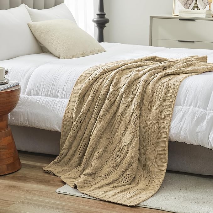 Amélie Home Chunky Knit Throw Blanket, Dual-Sided Soft Chenille Breathable Cable Knitted Blanket for Couch, Farmhouse Decorative Throw for Sofa & Chair, 50"x60", Beige