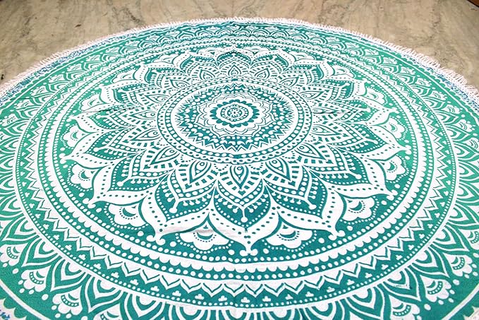 Round Beach Tapestry Turquoise Mandala Throw/Boho Hippie Beach Blanket Roundie/Indian Cotton Bohemian Large Round Table Cloth-Home Decor/Yoga Mat Meditation Picnic Rug (70", Green and White)